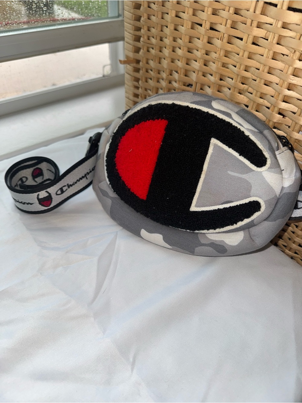 Champion Gray Camo Crossbody with Black & Red Logo. Unisex